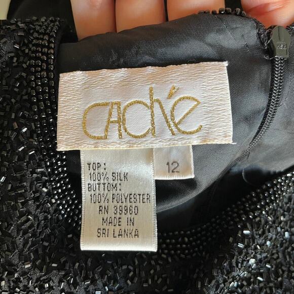 Vintage Cache Black Silk Beaded Cocktail Formal Dress 12 Fit and Flare Modest - Picture 5 of 10